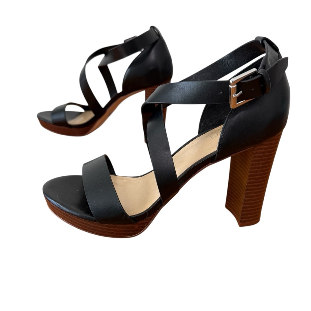 Nine West Deanne Strappy Platform Sandals Neutral Black Wood-Like Base Size 9.5